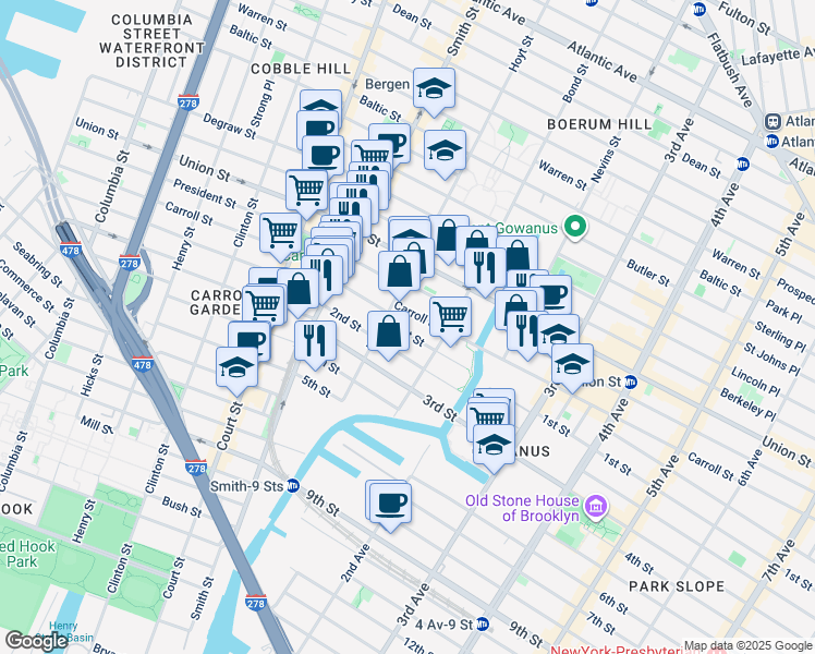 map of restaurants, bars, coffee shops, grocery stores, and more near 30 1st Street in Brooklyn