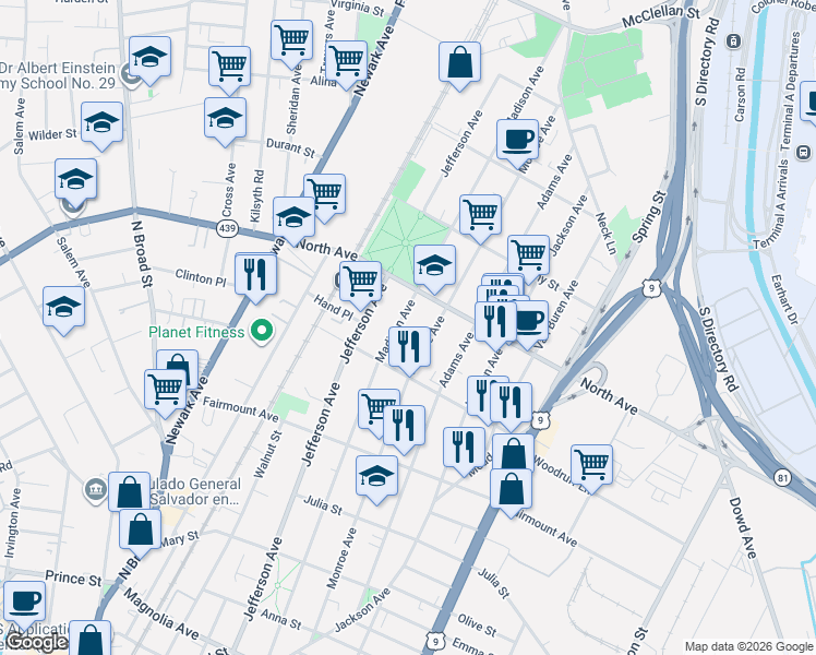 map of restaurants, bars, coffee shops, grocery stores, and more near 725-727 Madison Avenue in Elizabeth