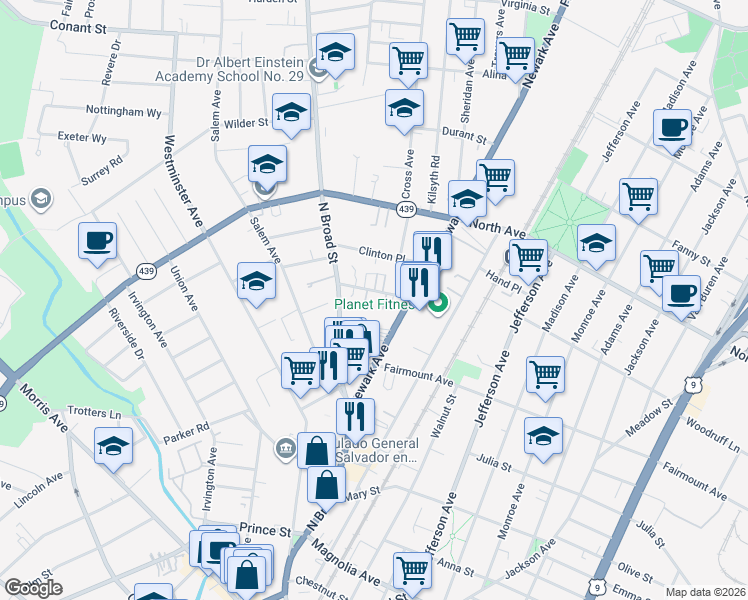 map of restaurants, bars, coffee shops, grocery stores, and more near 635 North Broad Street in Elizabeth
