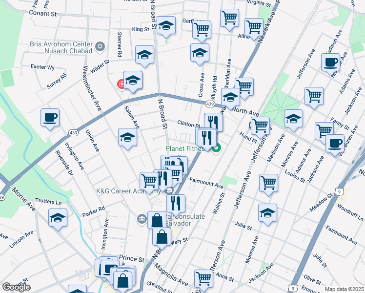 map of restaurants, bars, coffee shops, grocery stores, and more near 635 North Broad Street in Elizabeth