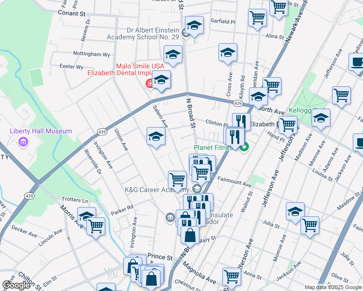 map of restaurants, bars, coffee shops, grocery stores, and more near 664 Salem Avenue in Elizabeth