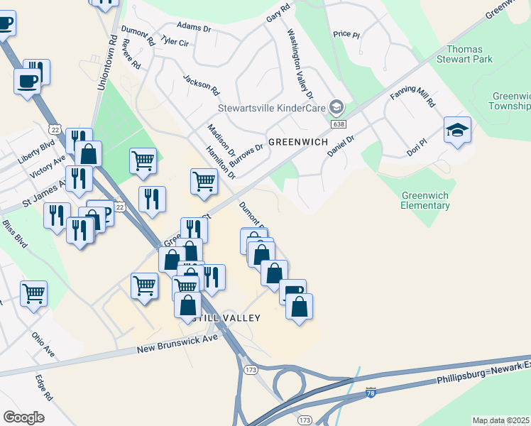 map of restaurants, bars, coffee shops, grocery stores, and more near Dumont Road in Stewartsville