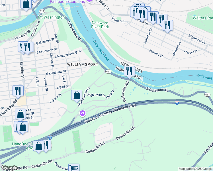 map of restaurants, bars, coffee shops, grocery stores, and more near 135 Vista Drive in Easton