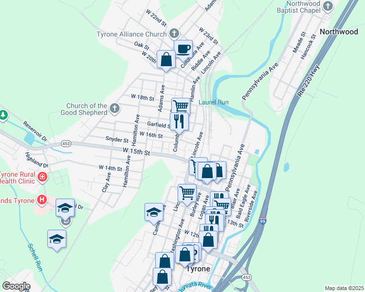 map of restaurants, bars, coffee shops, grocery stores, and more near 319 West 16th Street in Tyrone
