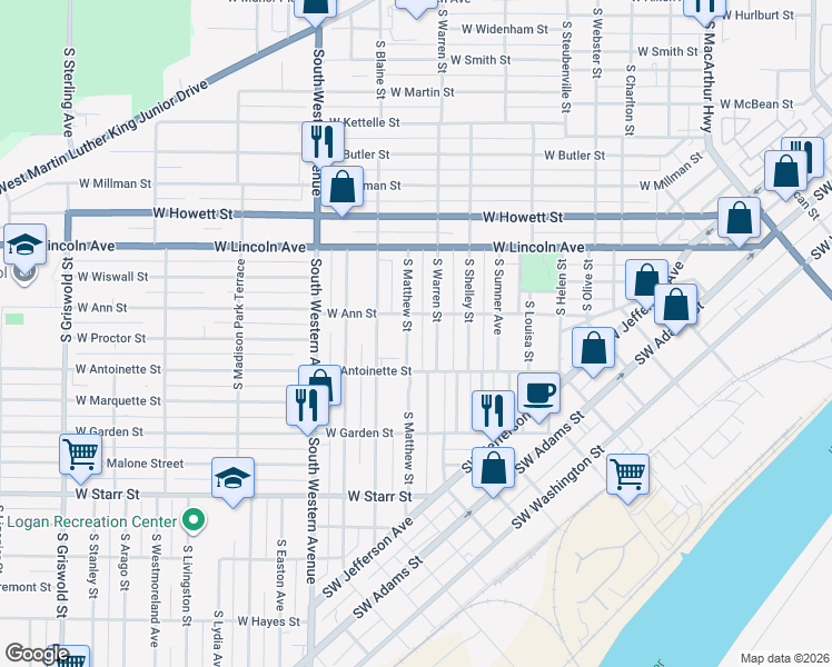 map of restaurants, bars, coffee shops, grocery stores, and more near 918 South Matthew Street in Peoria
