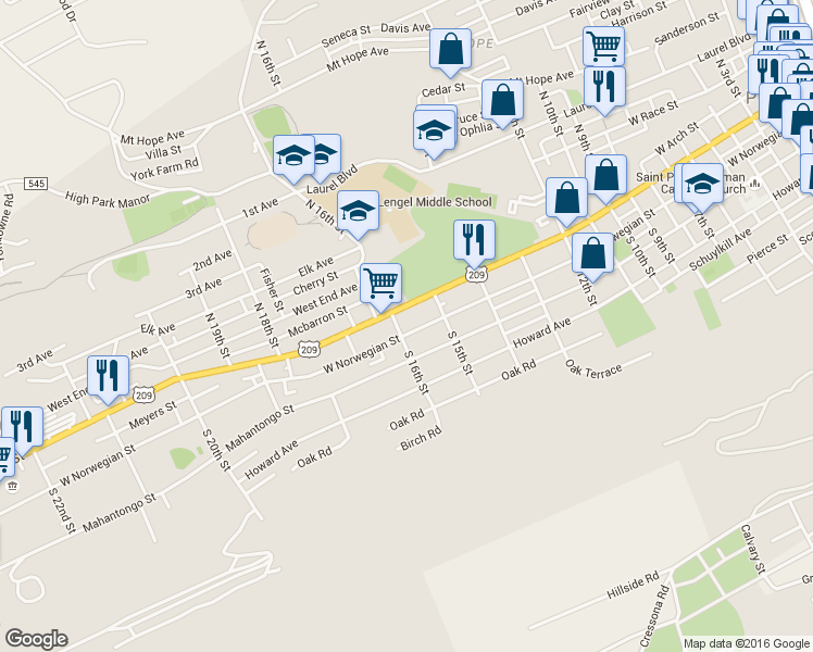 map of restaurants, bars, coffee shops, grocery stores, and more near 1538 West Norwegian Street in Pottsville