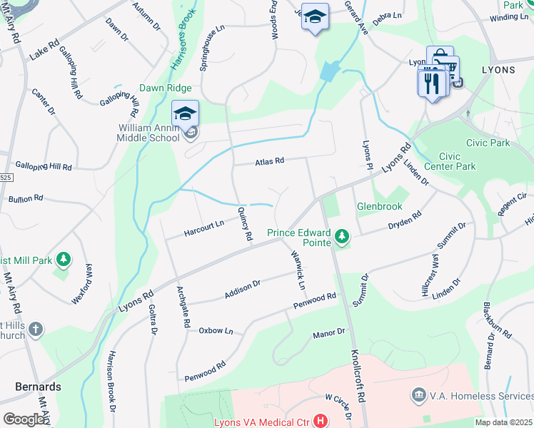 map of restaurants, bars, coffee shops, grocery stores, and more near 14 Paddock Court in Bernards