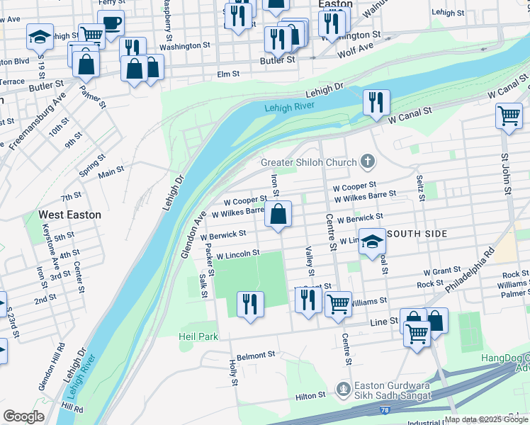 map of restaurants, bars, coffee shops, grocery stores, and more near 928 West Wilkes Barre Street in Easton