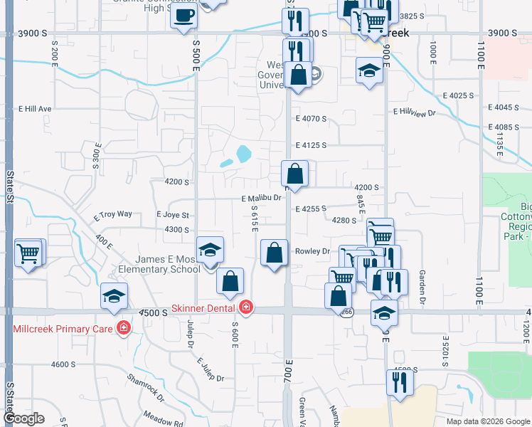 map of restaurants, bars, coffee shops, grocery stores, and more near 4256 Steele Creek CT in Salt Lake City