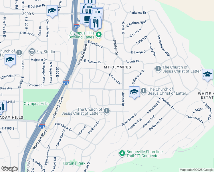 map of restaurants, bars, coffee shops, grocery stores, and more near 4255 South Fortuna Way in Salt Lake City