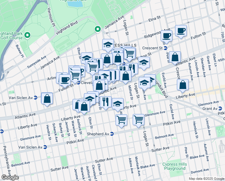 map of restaurants, bars, coffee shops, grocery stores, and more near 3098 Atlantic Avenue in Brooklyn