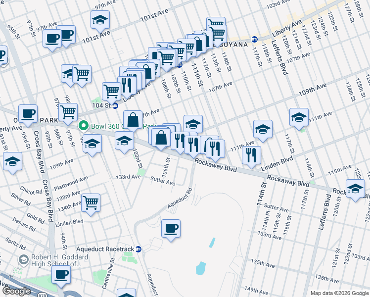 map of restaurants, bars, coffee shops, grocery stores, and more near 107-15 Rockaway Boulevard in Queens