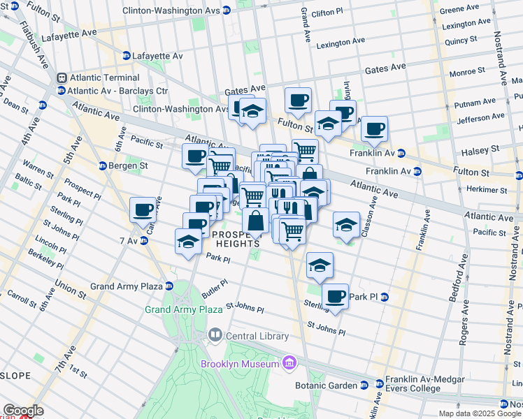 map of restaurants, bars, coffee shops, grocery stores, and more near Bergen Street & Underhill Avenue in Brooklyn