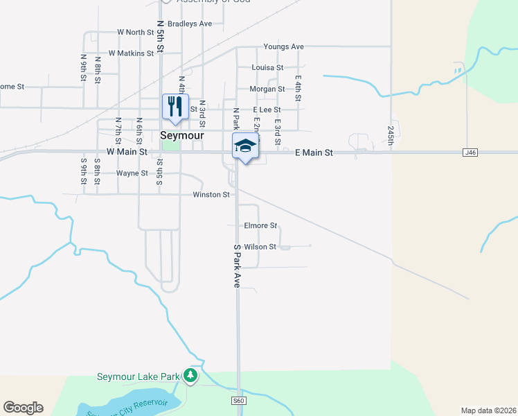 map of restaurants, bars, coffee shops, grocery stores, and more near 100 Lowery Street in Seymour