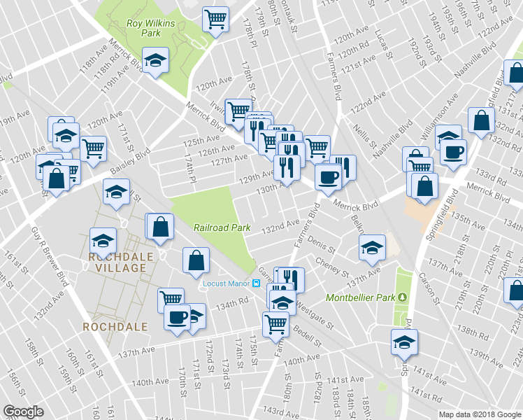 map of restaurants, bars, coffee shops, grocery stores, and more near 130-28 177th Street in Queens