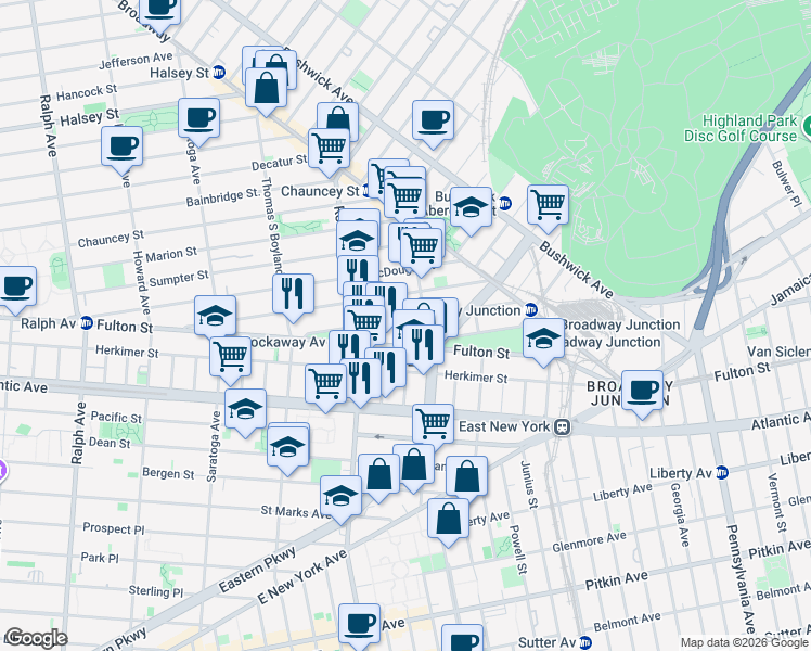map of restaurants, bars, coffee shops, grocery stores, and more near 78 Somers Street in Brooklyn