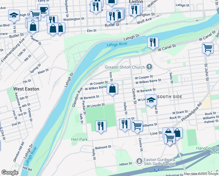 map of restaurants, bars, coffee shops, grocery stores, and more near 910 West Wilkes Barre Street in Easton