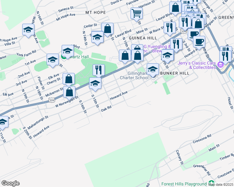 map of restaurants, bars, coffee shops, grocery stores, and more near 1310 Howard Avenue in Pottsville