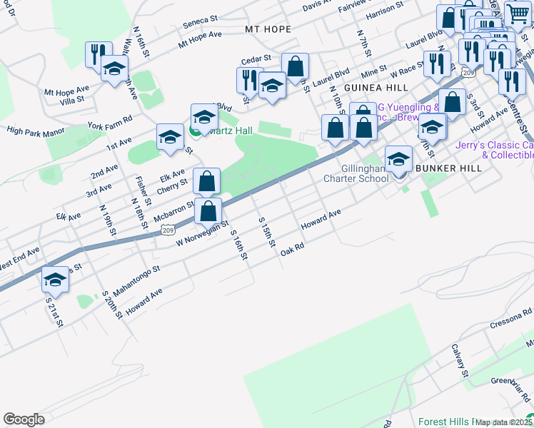 map of restaurants, bars, coffee shops, grocery stores, and more near 1440 Mahantongo Street in Pottsville