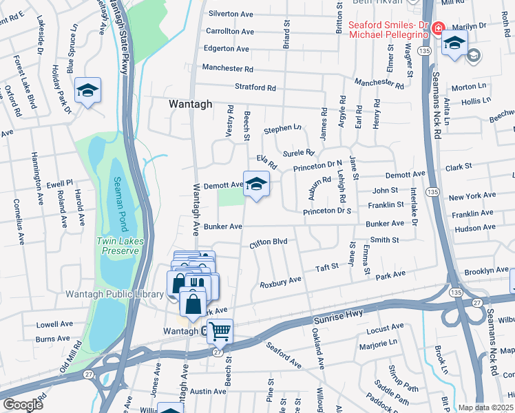 map of restaurants, bars, coffee shops, grocery stores, and more near 1765 Beech Street in Wantagh