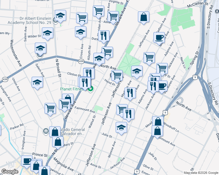 map of restaurants, bars, coffee shops, grocery stores, and more near 1138 Louisa Street in Elizabeth