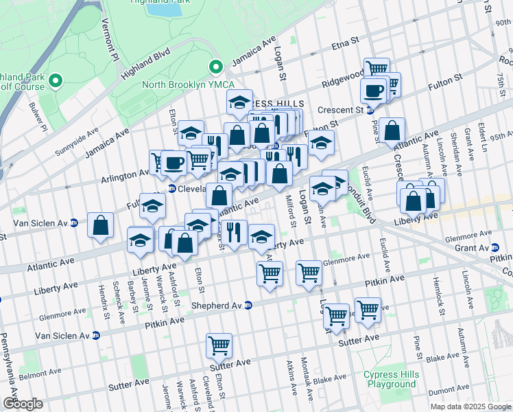 map of restaurants, bars, coffee shops, grocery stores, and more near 10 Atkins Avenue in Brooklyn