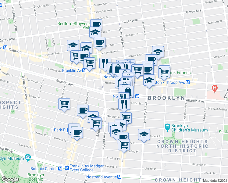 map of restaurants, bars, coffee shops, grocery stores, and more near 1238 Atlantic Avenue in Brooklyn