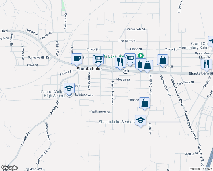 map of restaurants, bars, coffee shops, grocery stores, and more near 4316 Fort Peck Street in Shasta Lake