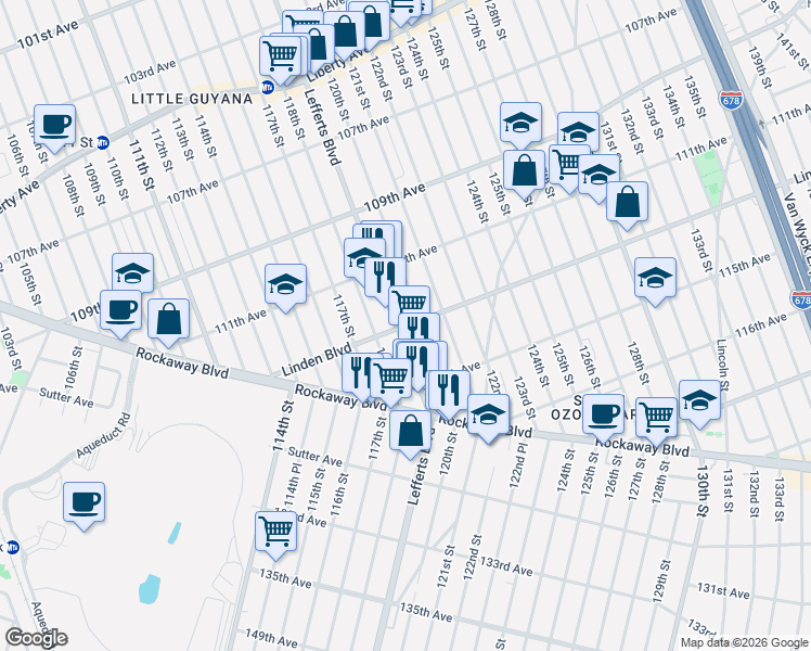 map of restaurants, bars, coffee shops, grocery stores, and more near 114-14 120th Street in Queens