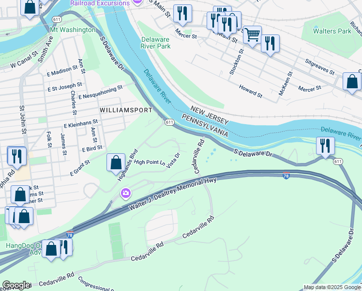 map of restaurants, bars, coffee shops, grocery stores, and more near 190 Vista Drive in Easton