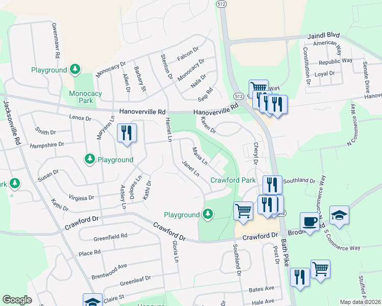 map of restaurants, bars, coffee shops, grocery stores, and more near 4802 Janet Lane in Bethlehem