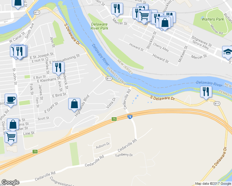 map of restaurants, bars, coffee shops, grocery stores, and more near 190 Vista Drive in Easton
