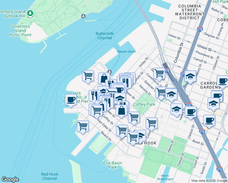 map of restaurants, bars, coffee shops, grocery stores, and more near 114 Sullivan Street in Brooklyn