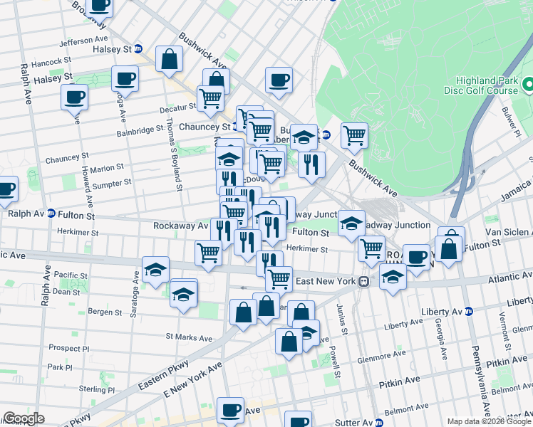 map of restaurants, bars, coffee shops, grocery stores, and more near 84 Somers Street in Brooklyn