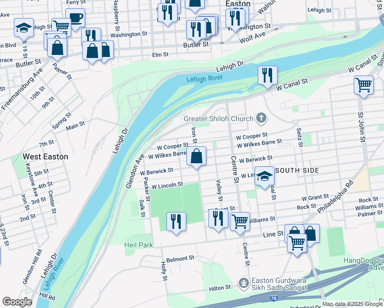 map of restaurants, bars, coffee shops, grocery stores, and more near 910 West Wilkes Barre Street in Easton