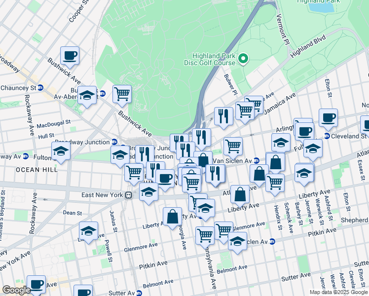 map of restaurants, bars, coffee shops, grocery stores, and more near West Marginal Street in Brooklyn
