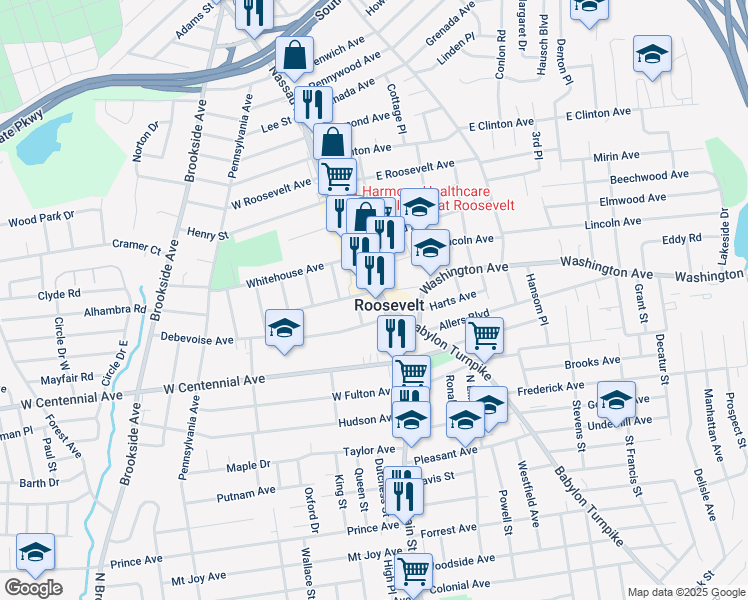 map of restaurants, bars, coffee shops, grocery stores, and more near 10 Gilbert Place in Roosevelt