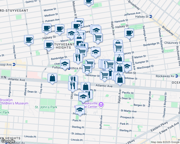 map of restaurants, bars, coffee shops, grocery stores, and more near 781 Herkimer Street in Brooklyn