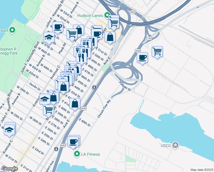 map of restaurants, bars, coffee shops, grocery stores, and more near 2 Pulaski Street in Bayonne