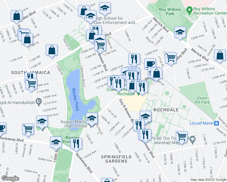 map of restaurants, bars, coffee shops, grocery stores, and more near 122-21 161st Place in Queens