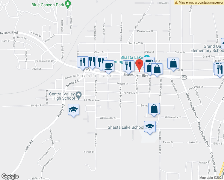 map of restaurants, bars, coffee shops, grocery stores, and more near 4317 Fort Peck Street in Shasta Lake