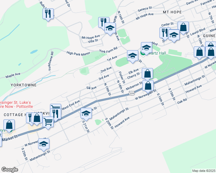 map of restaurants, bars, coffee shops, grocery stores, and more near 220 North 19th Street in Pottsville