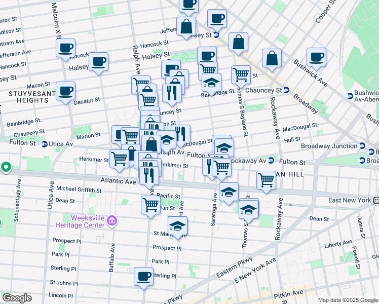 map of restaurants, bars, coffee shops, grocery stores, and more near 1933 Fulton Street in Brooklyn