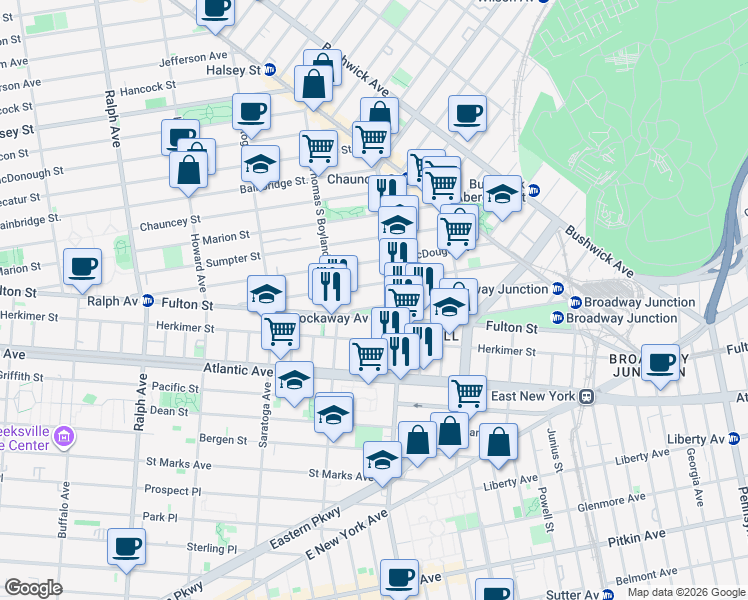 map of restaurants, bars, coffee shops, grocery stores, and more near 27 Somers Street in Brooklyn