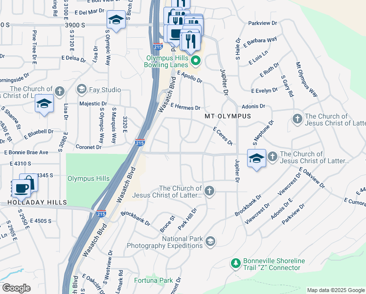 map of restaurants, bars, coffee shops, grocery stores, and more near 3541 East Oakview Drive in Salt Lake City