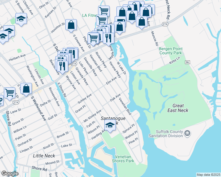 map of restaurants, bars, coffee shops, grocery stores, and more near 216 Deauville Parkway in Lindenhurst