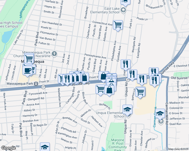 map of restaurants, bars, coffee shops, grocery stores, and more near 324 Clark Boulevard in Massapequa Park