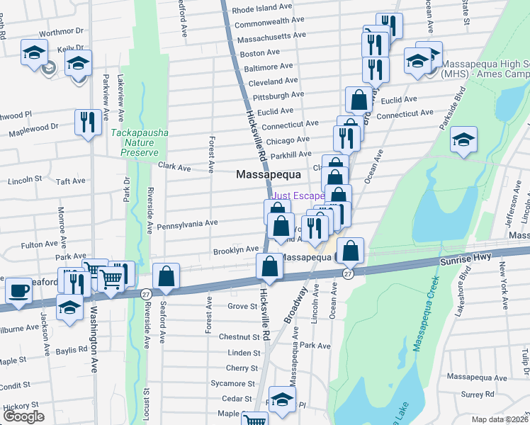 map of restaurants, bars, coffee shops, grocery stores, and more near 521 Hicksville Road in Massapequa