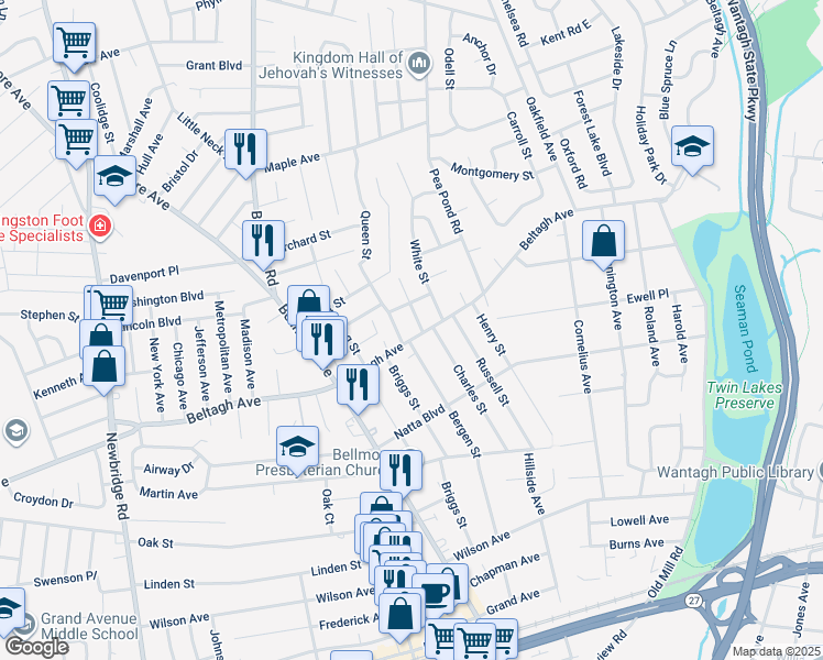 map of restaurants, bars, coffee shops, grocery stores, and more near 2800 Beltagh Avenue in North Bellmore