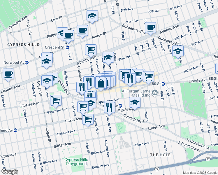 map of restaurants, bars, coffee shops, grocery stores, and more near 1130 Liberty Avenue in Brooklyn